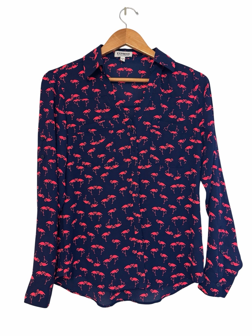 Express Portofino Flamingo Print Blouse Navy Pink XS Button Front Shirt